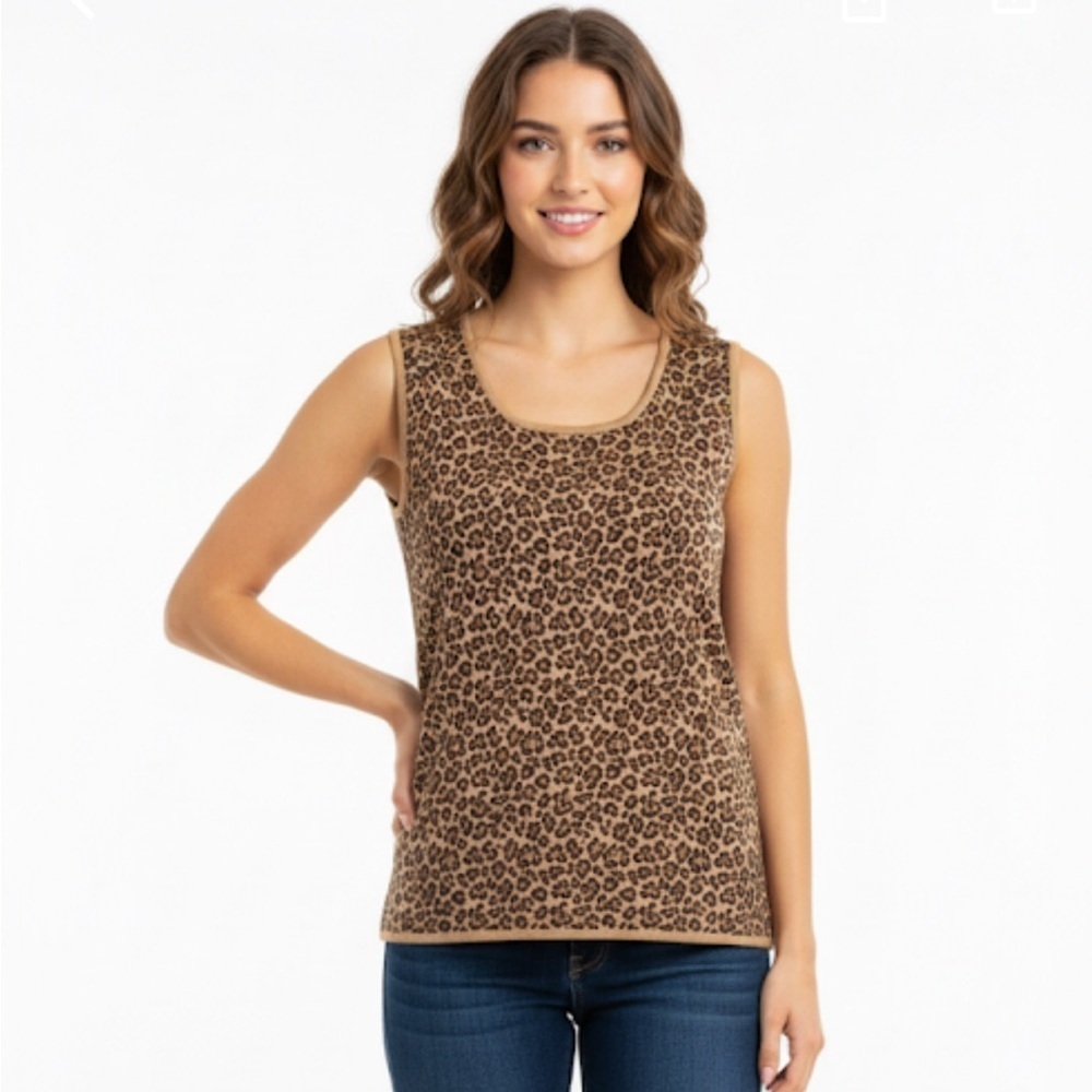 Misook leopard print sleeveless knit top size large